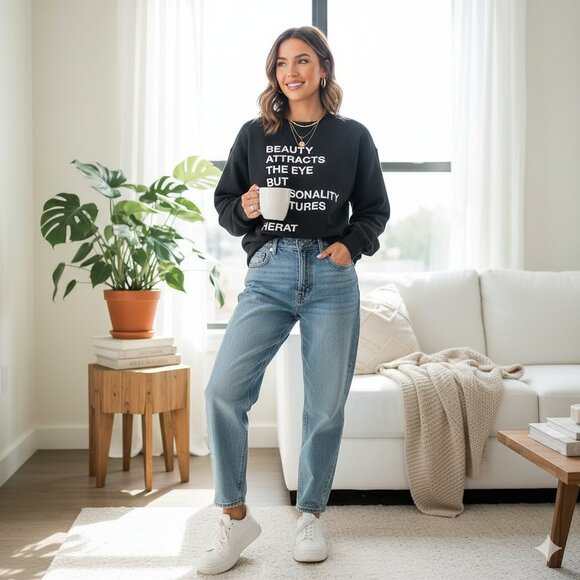 J.ING Jing Dark Gray Letters Print Cotton Sweatshirt Top Size L Preowned - Picture 1 of 6